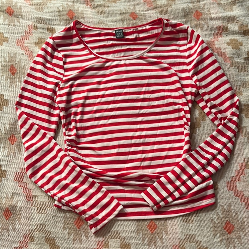 Long Sleeve Red and White Striped Women's Top